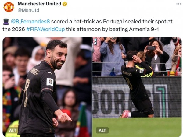 Manchester United s official tweet posted photos to congratulate B Fee for his hat trick and Portugal s promotion to the World Cup
